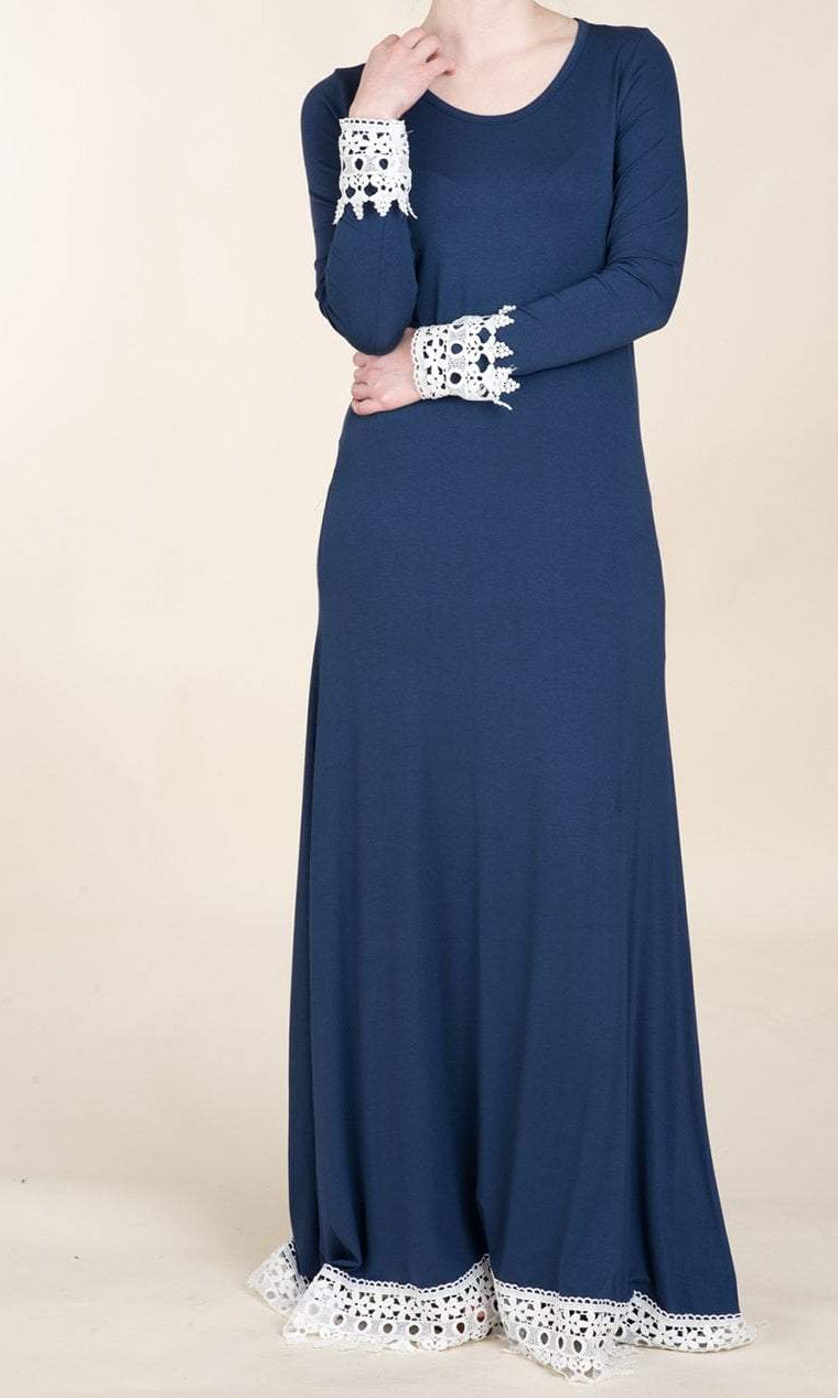 Navy Lace Trim Jersey Dress Kabayare