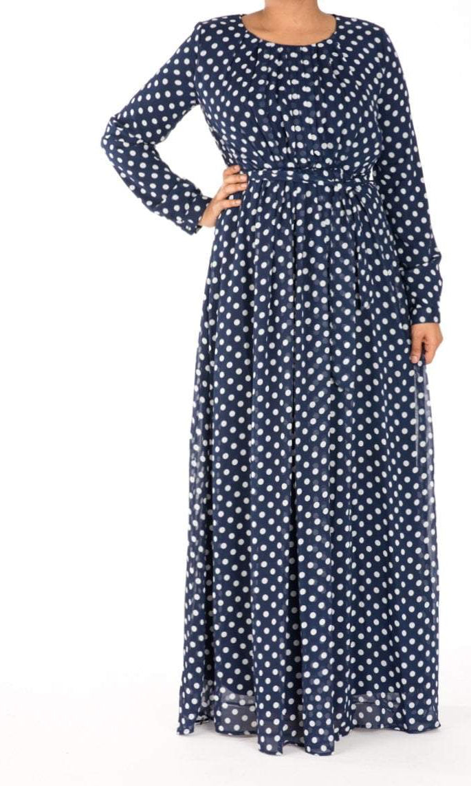 Navy Polka dot chiffon dress Kabayare
