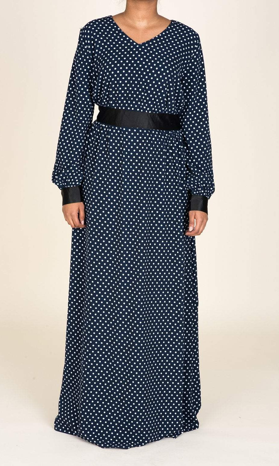 Navy Polka Dot/Satin Touch Dress Kabayare