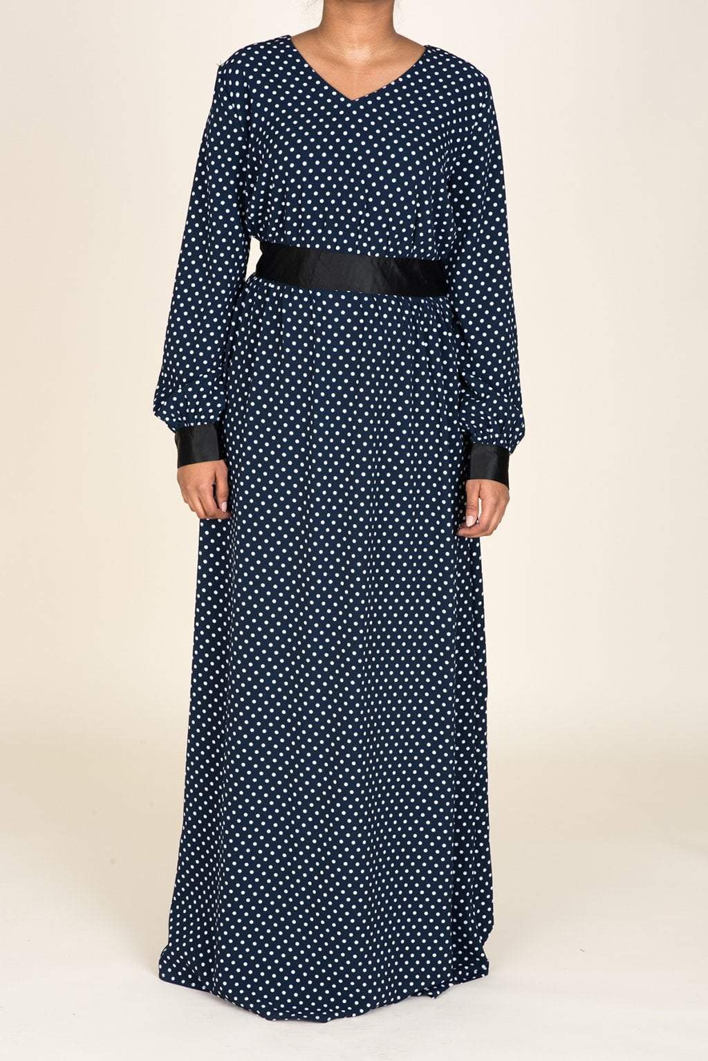Navy Polka Dot/Satin Touch Dress Kabayare
