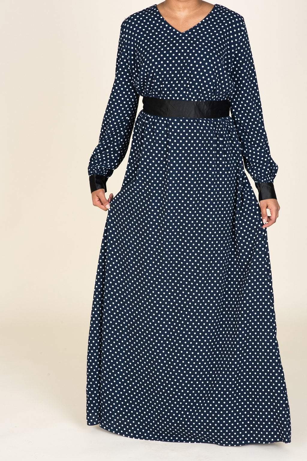 Navy Polka Dot/Satin Touch Dress Kabayare