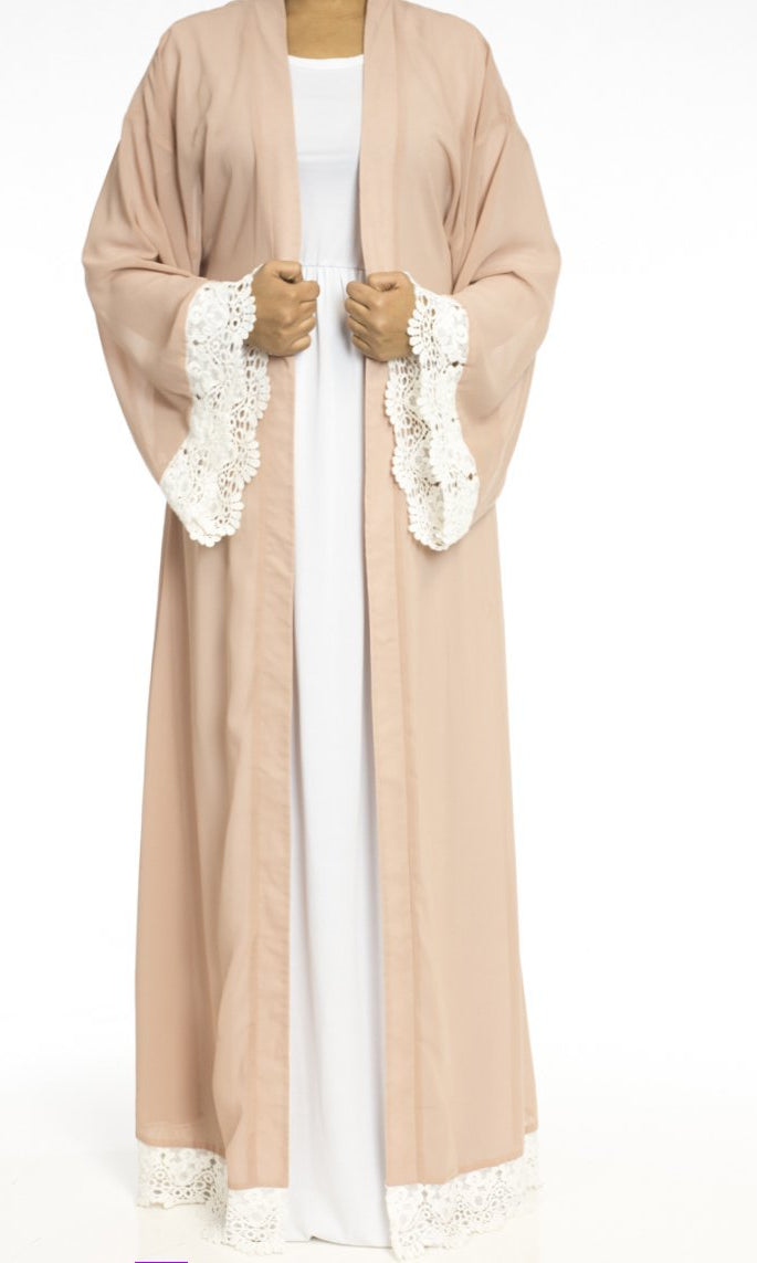 Nude Lace Trim Kimono Cardigan Kabayare