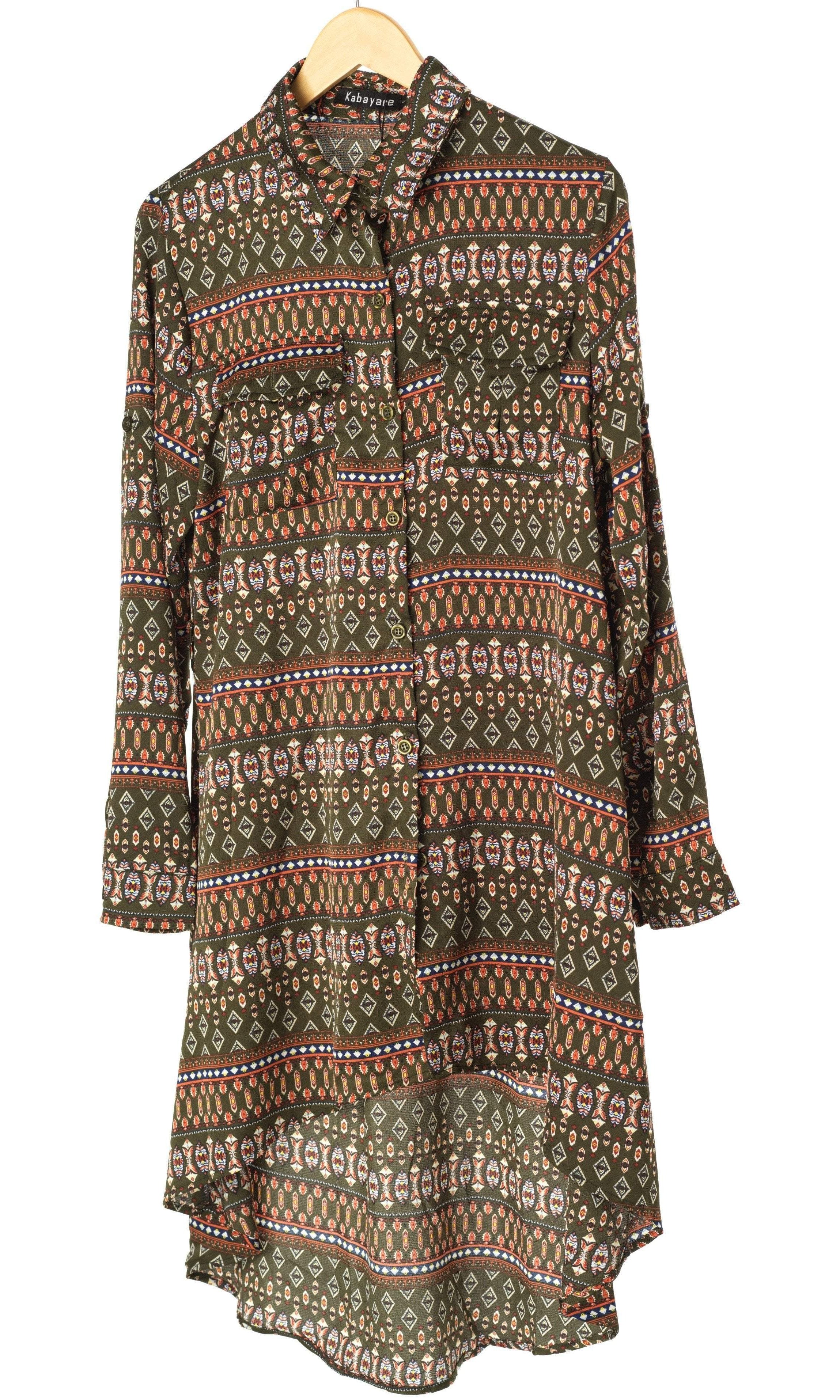 Olive Boho print High-Low Tunic Kabayare
