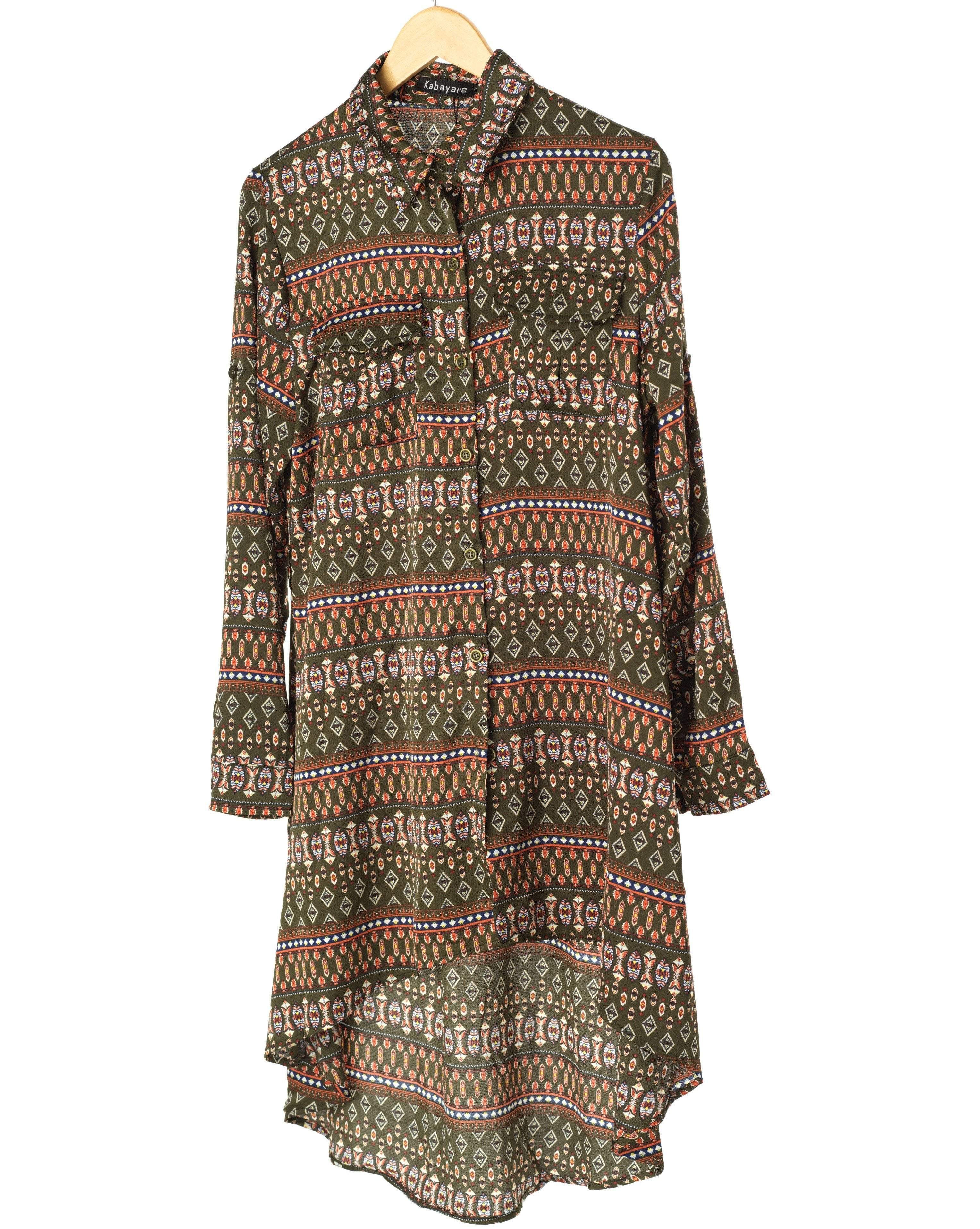Olive Boho print High-Low Tunic Kabayare