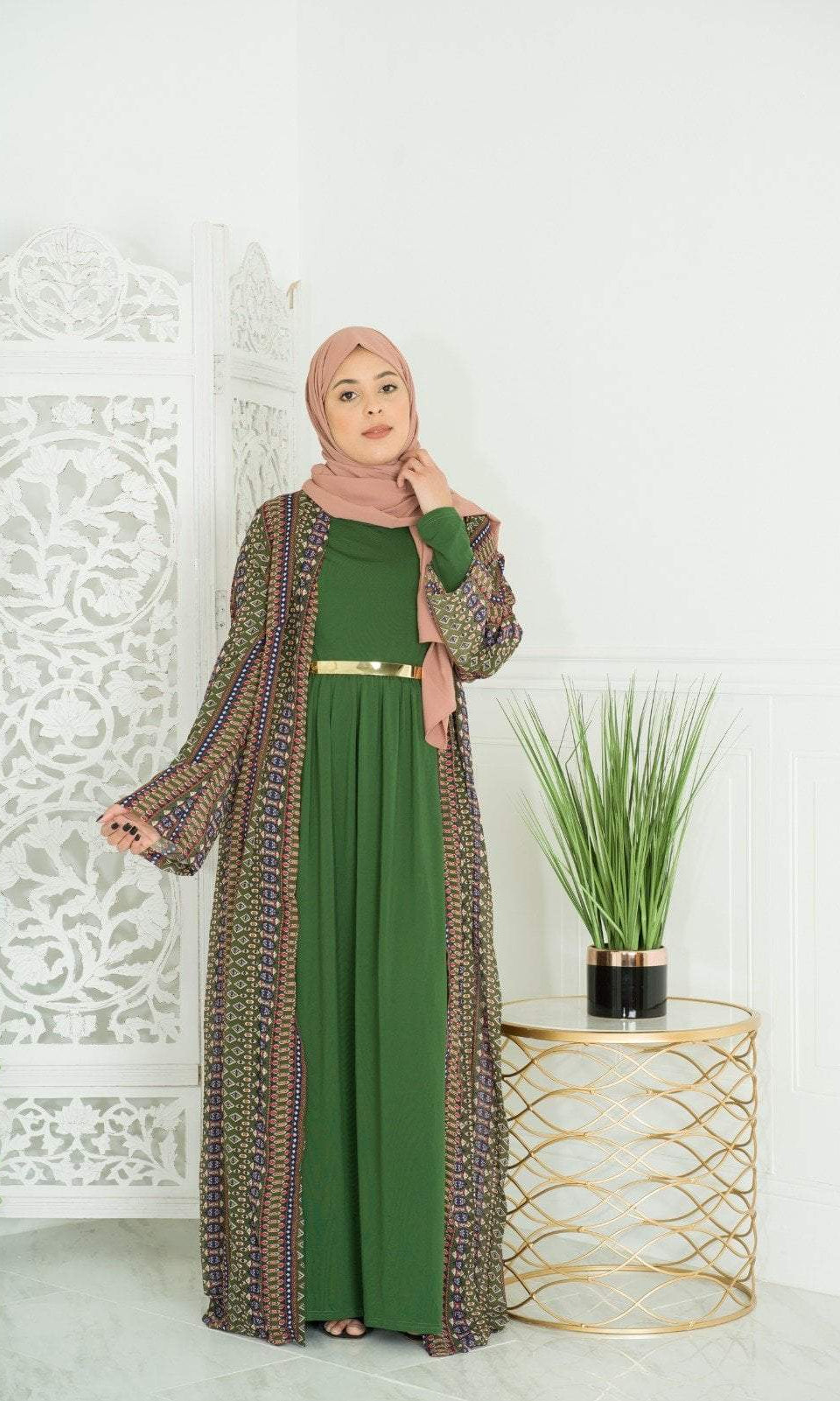 Olive Boho print Maxi Cardigan Kabayare