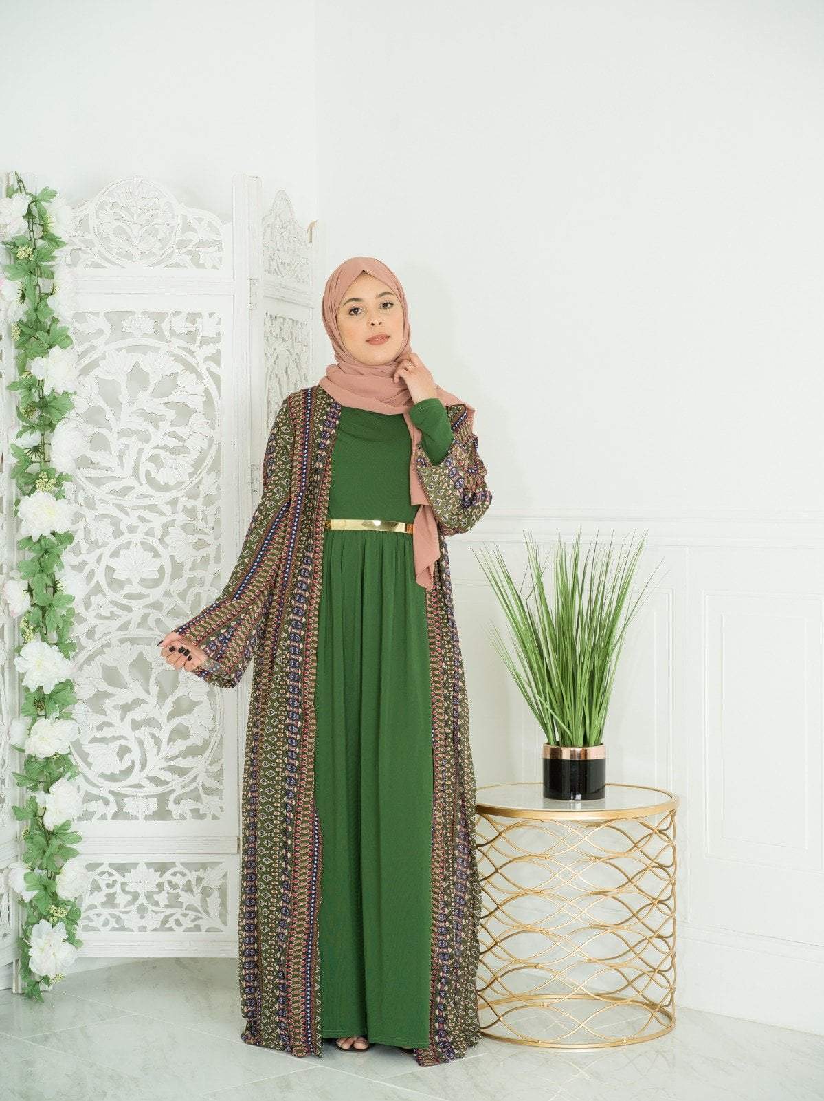 Olive Boho print Maxi Cardigan Kabayare