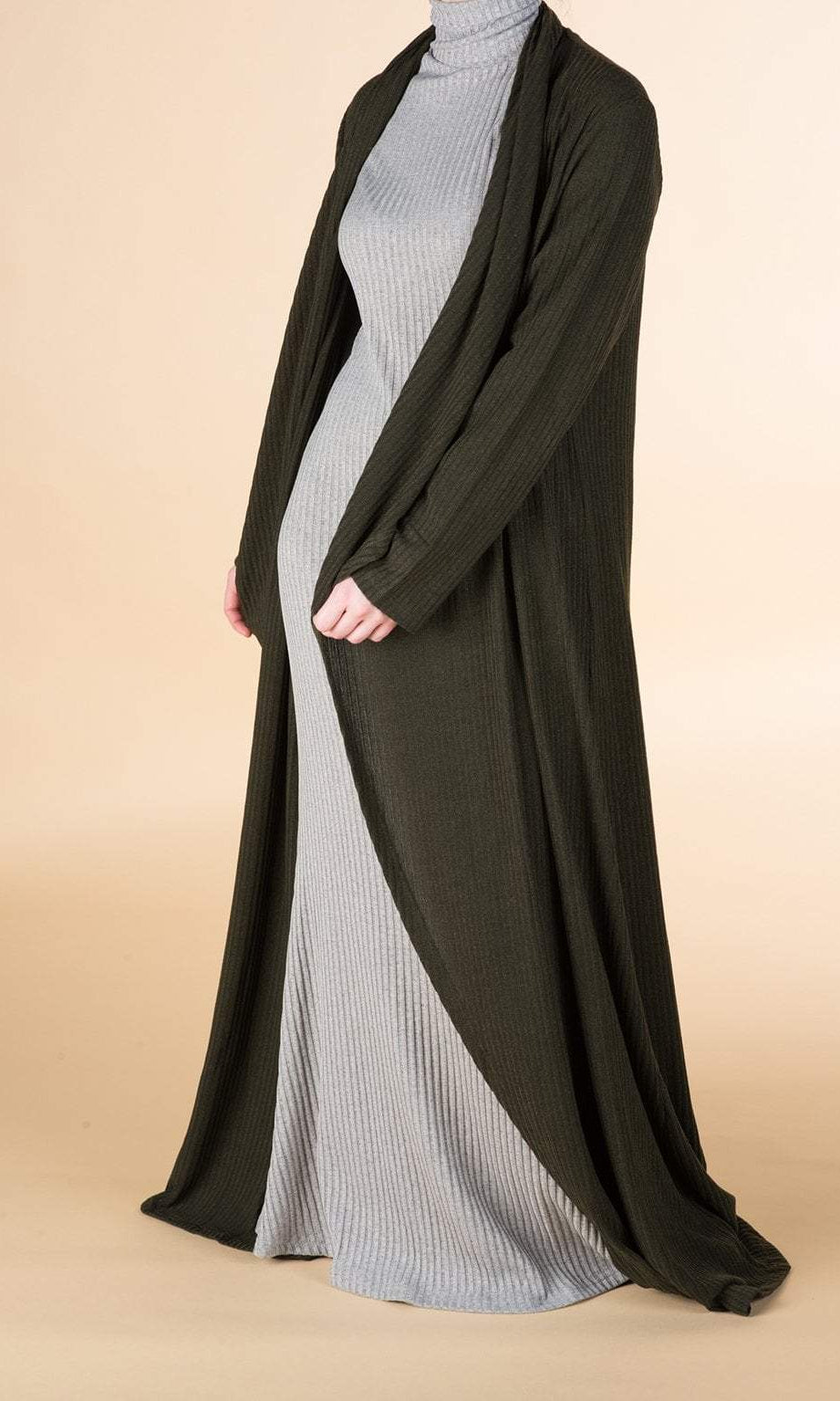 Olive Draped Ribbed Maxi Cardigan Kabayare