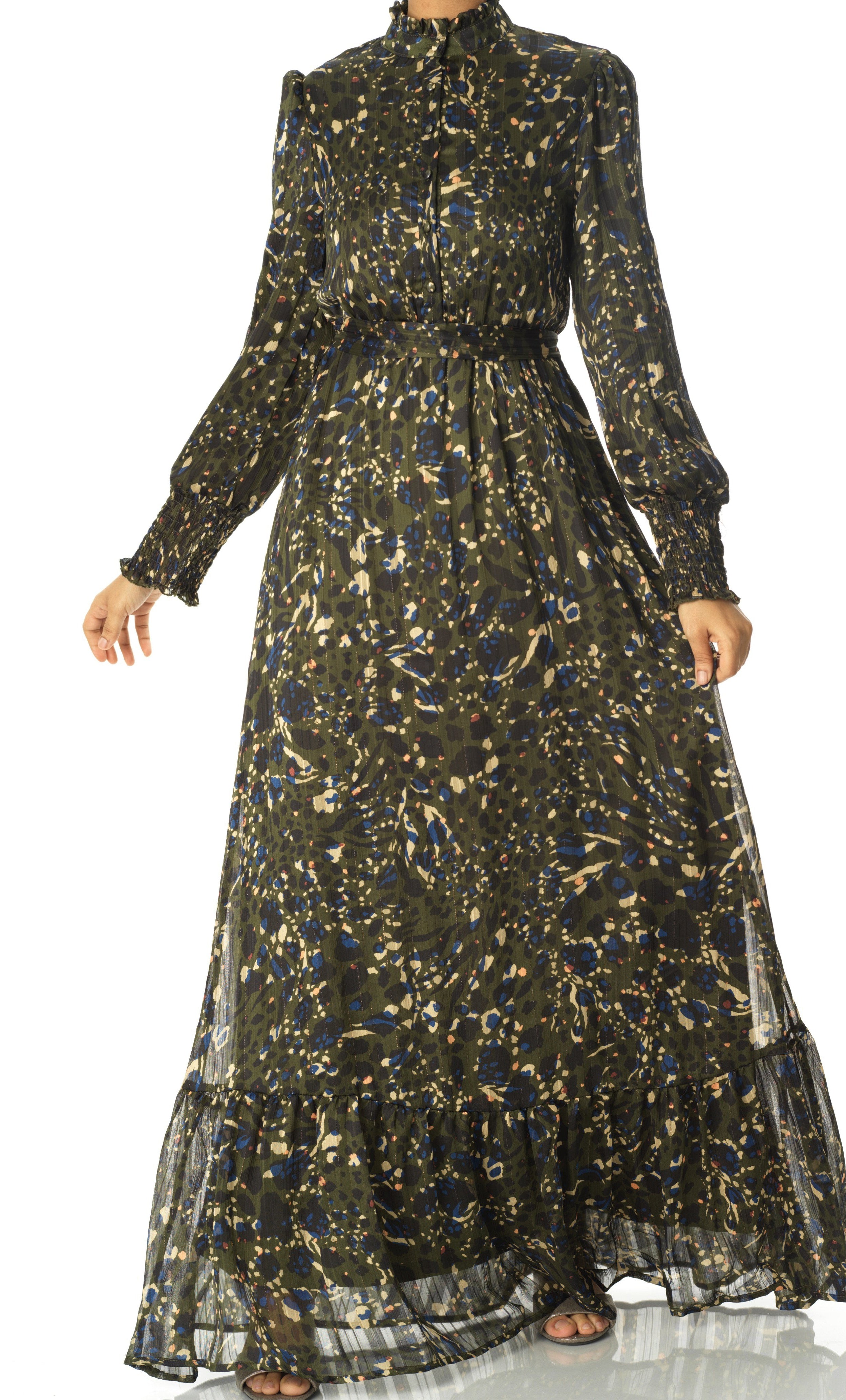 Olive Golden details leopard sleeve maxi dress Kabayare