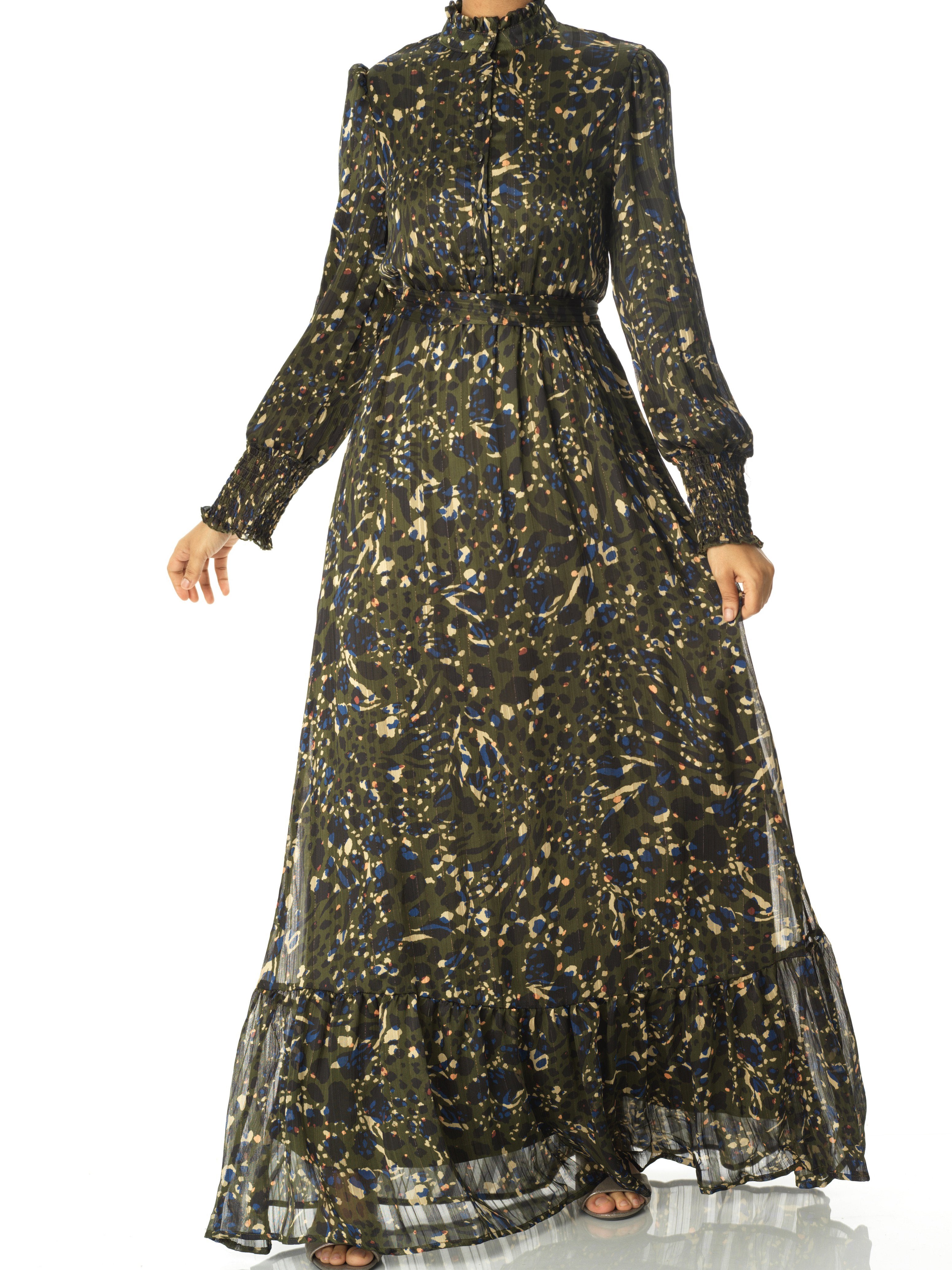 Olive Golden details leopard sleeve maxi dress Kabayare