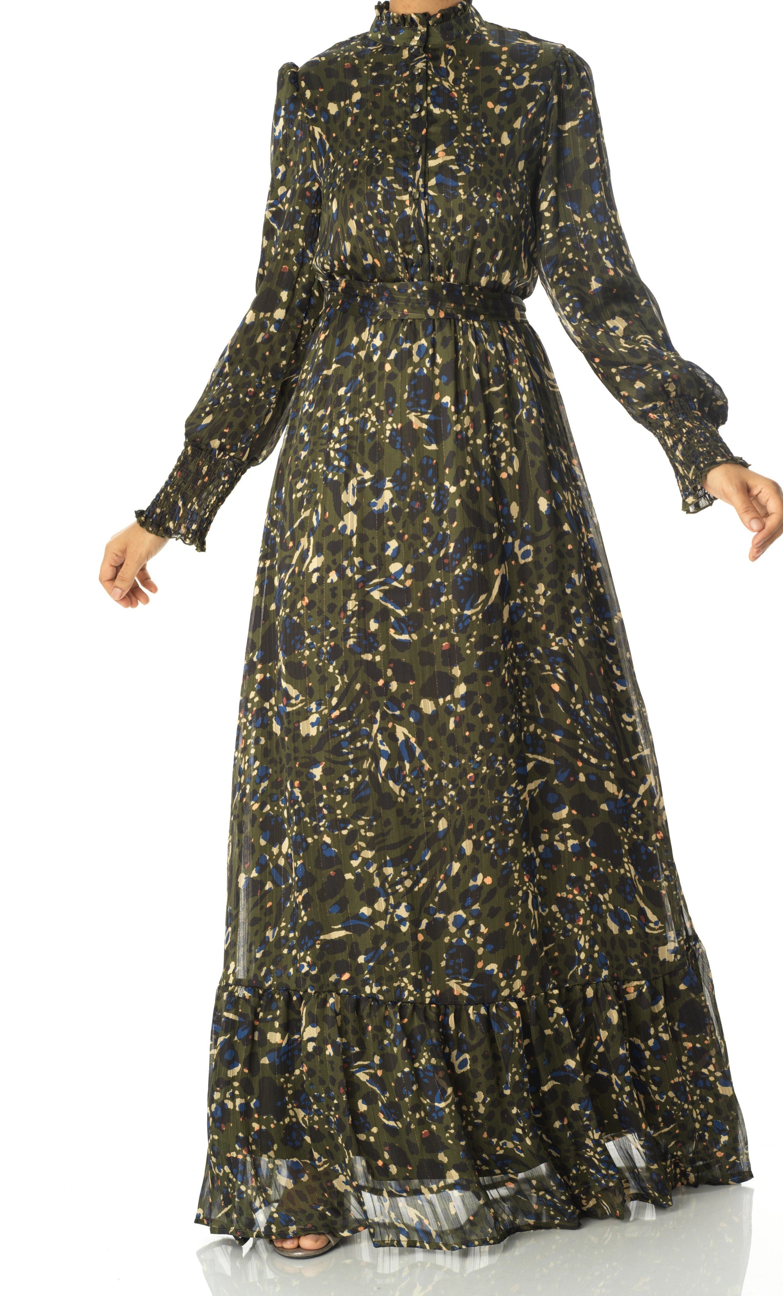 Olive Golden details leopard sleeve maxi dress Kabayare