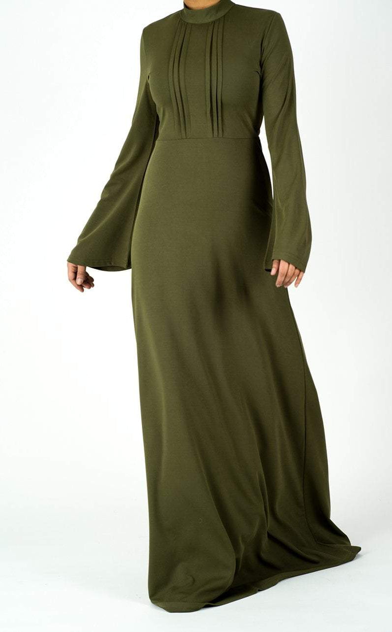 Olive pleats wide sleeve dress Kabayare