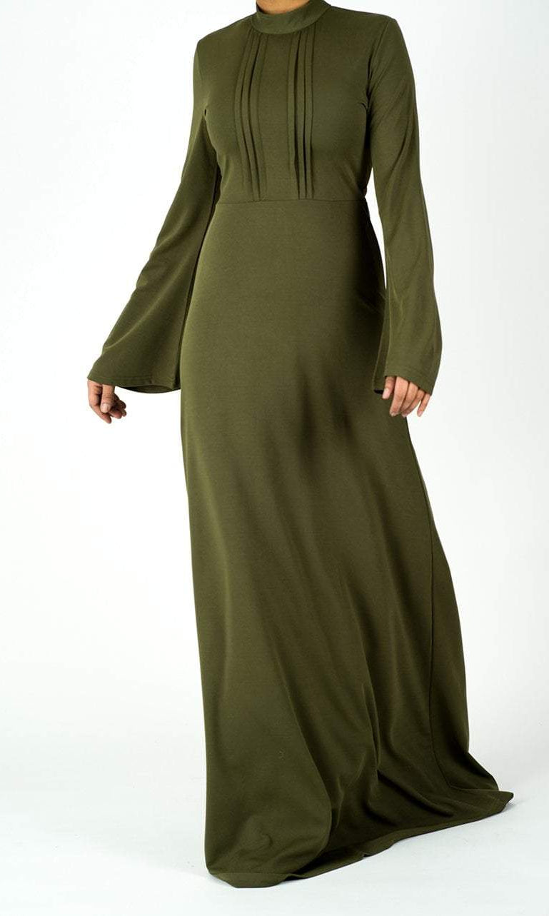 Olive pleats wide sleeve dress Kabayare