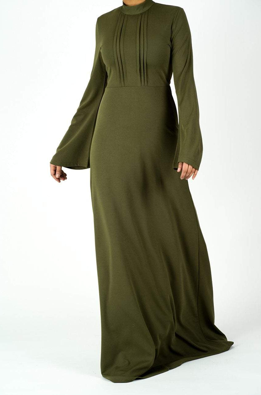 Olive pleats wide sleeve dress Kabayare