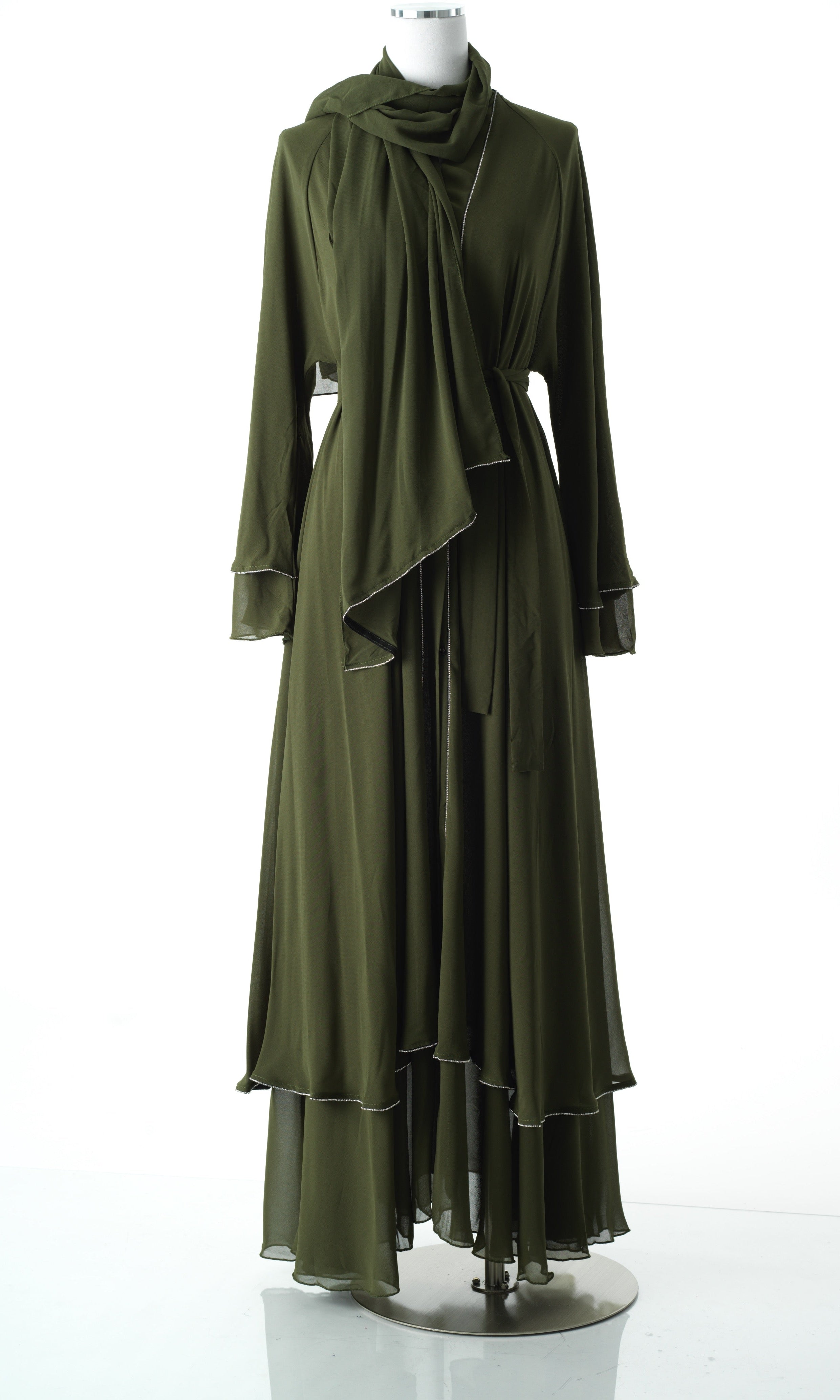 Olive tiered chiffon abaya Kabayare