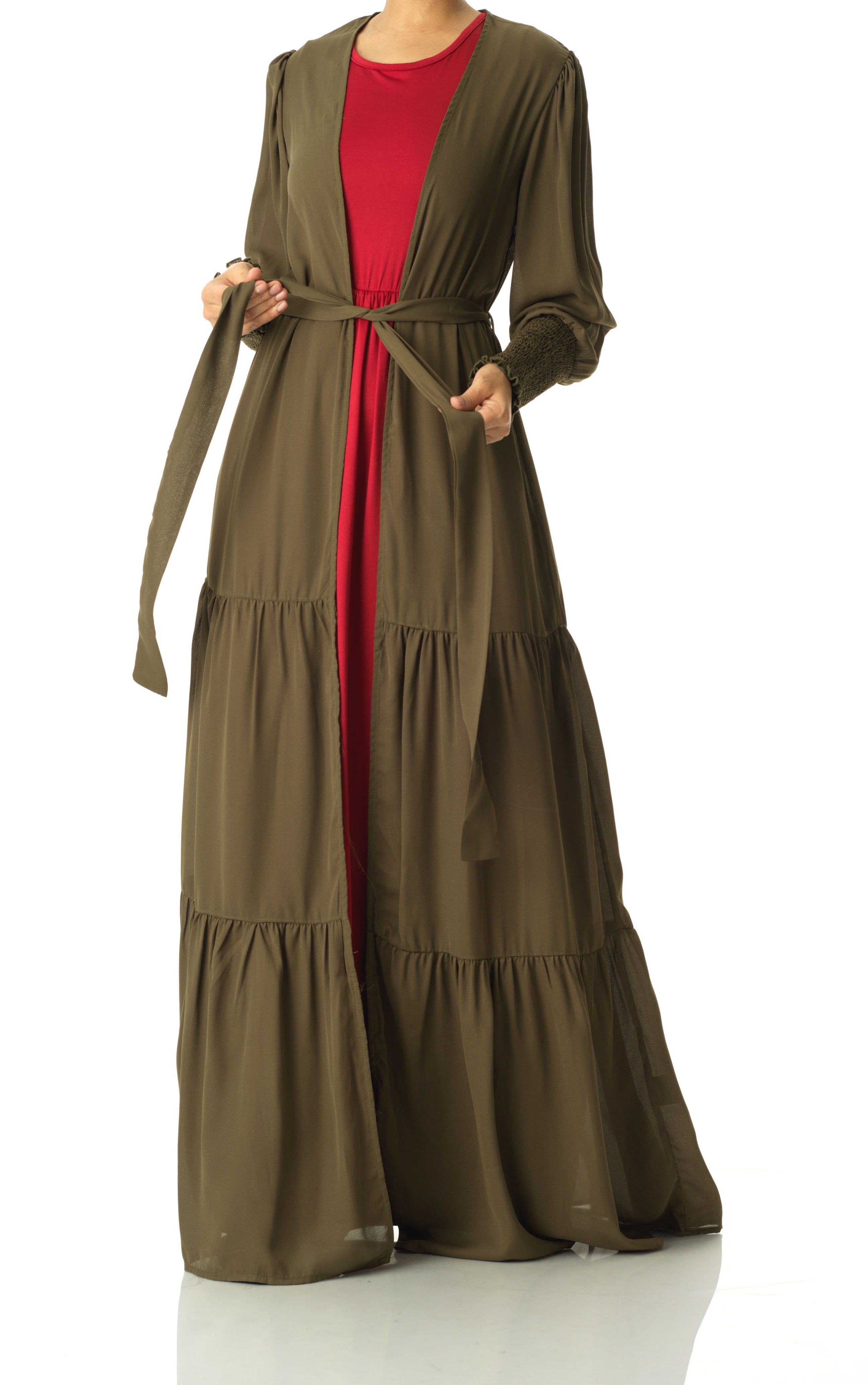 Olive Tiered chiffon maxi cardigan Kabayare