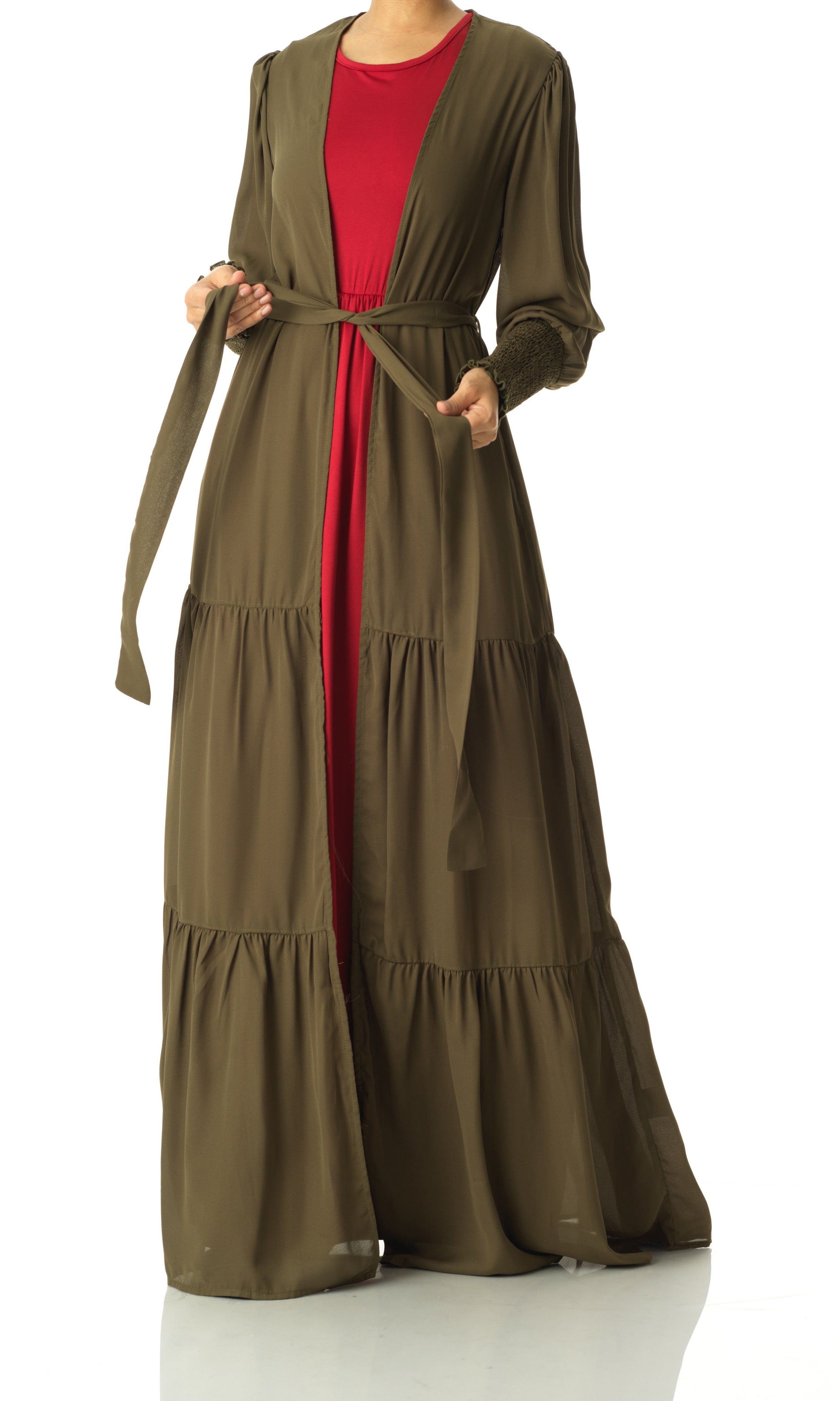 Olive Tiered chiffon maxi cardigan Kabayare