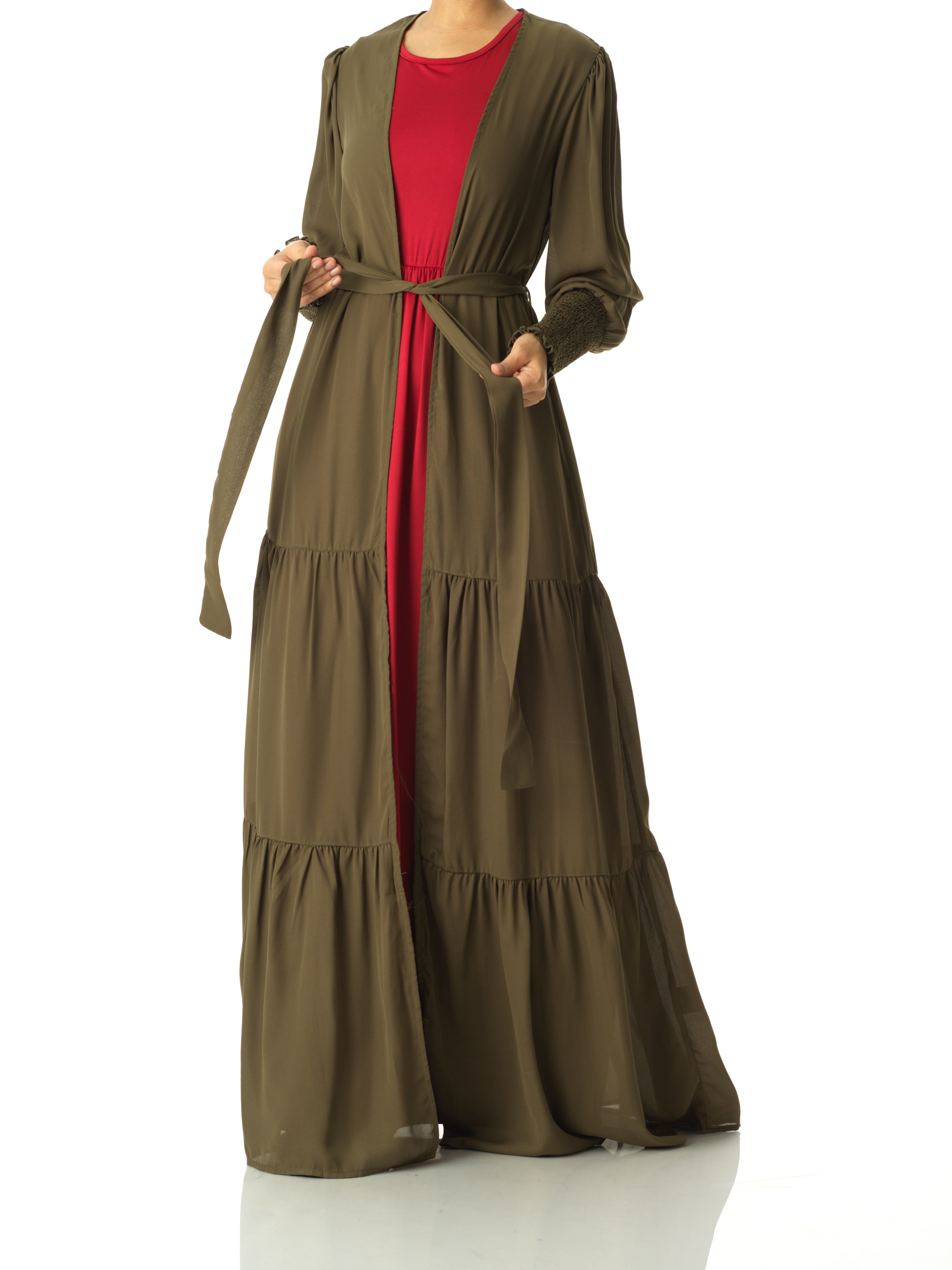Olive Tiered chiffon maxi cardigan Kabayare