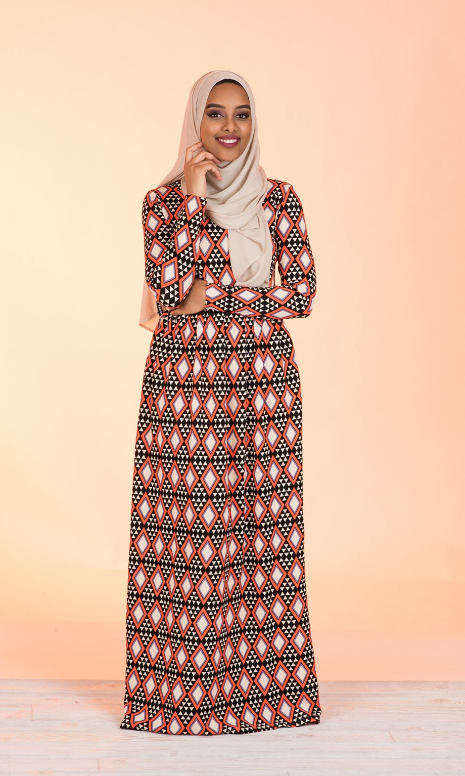 Orange Aztec Textured Print Dress Kabayare