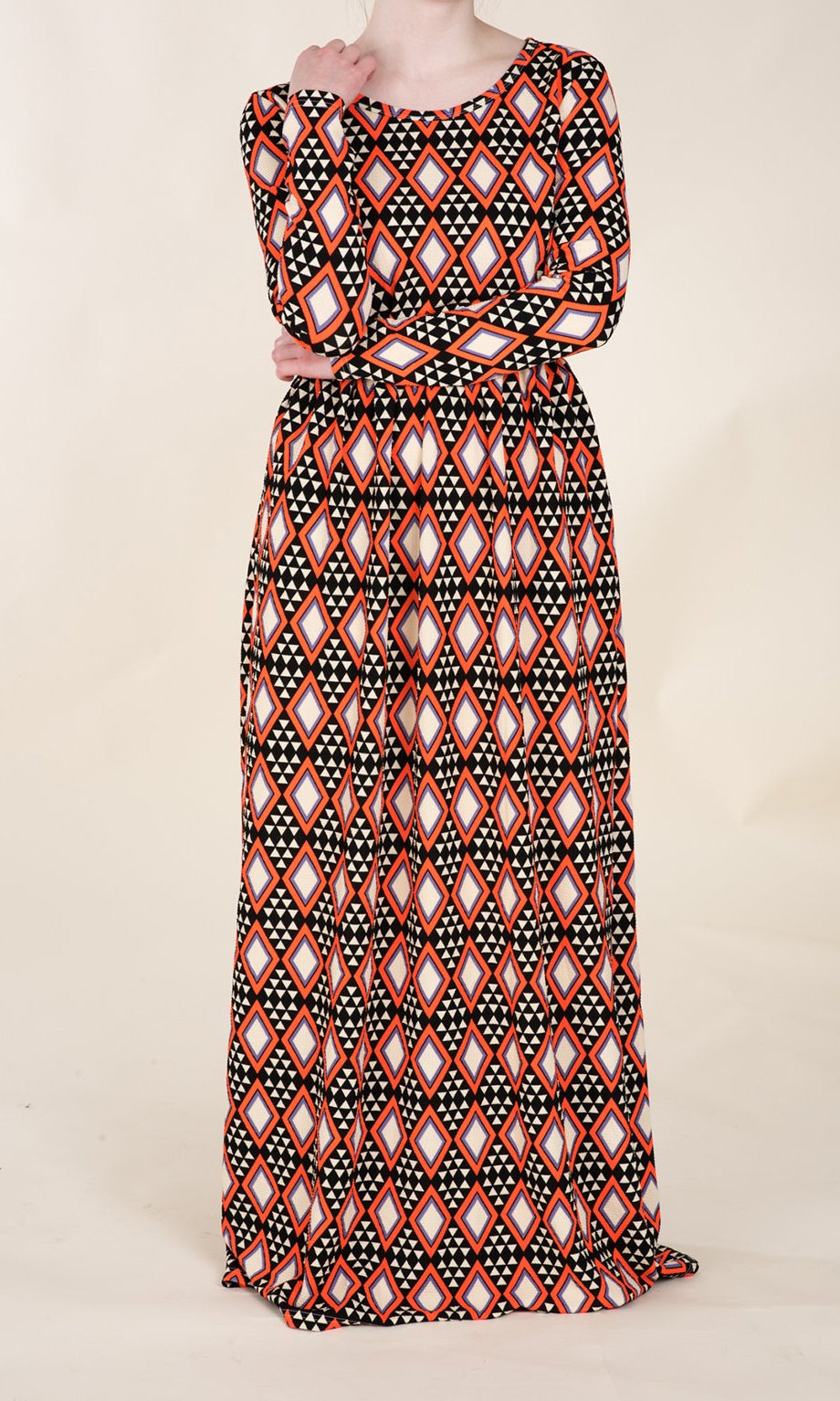 Orange Aztec Textured Print Dress Kabayare