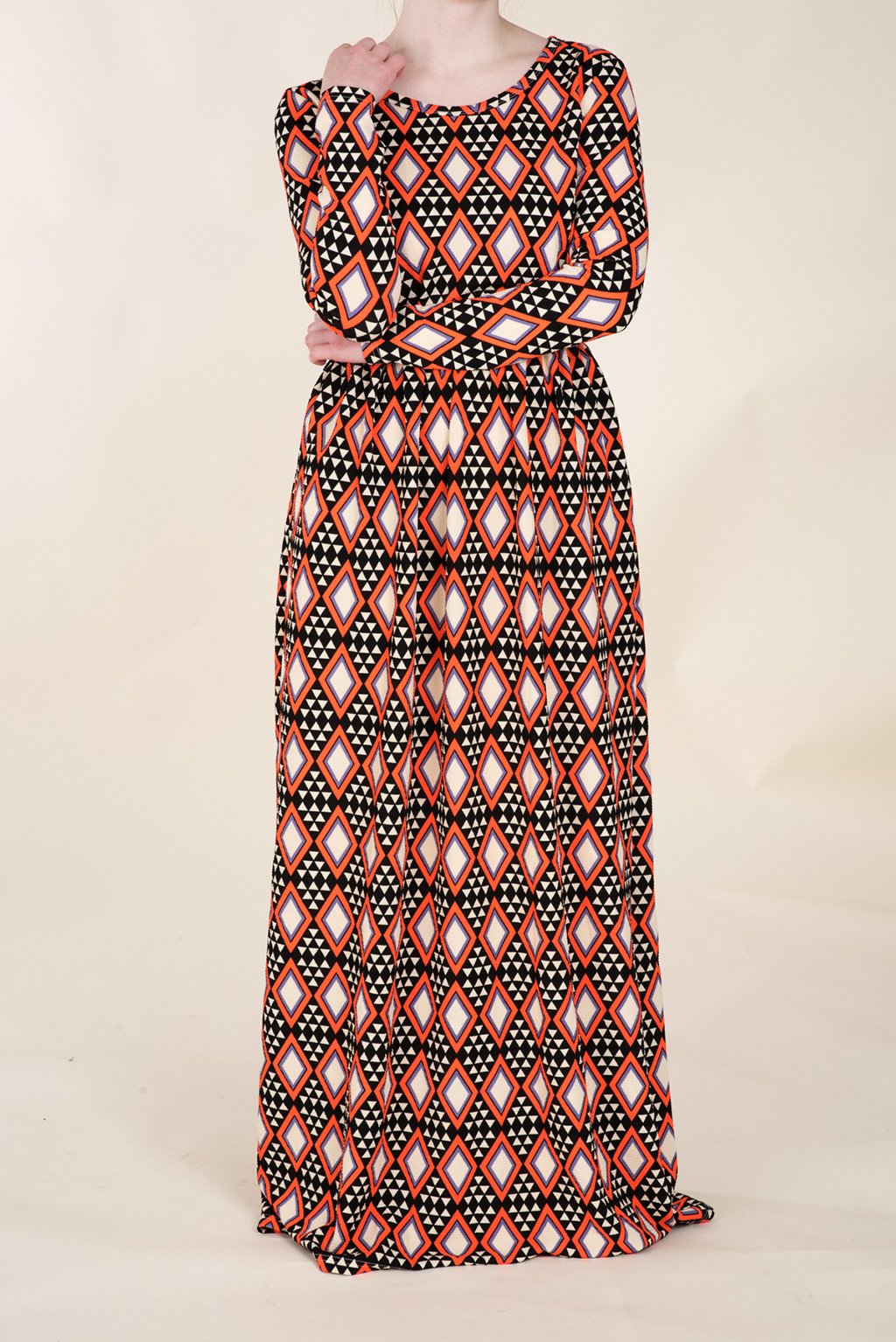 Orange Aztec Textured Print Dress Kabayare