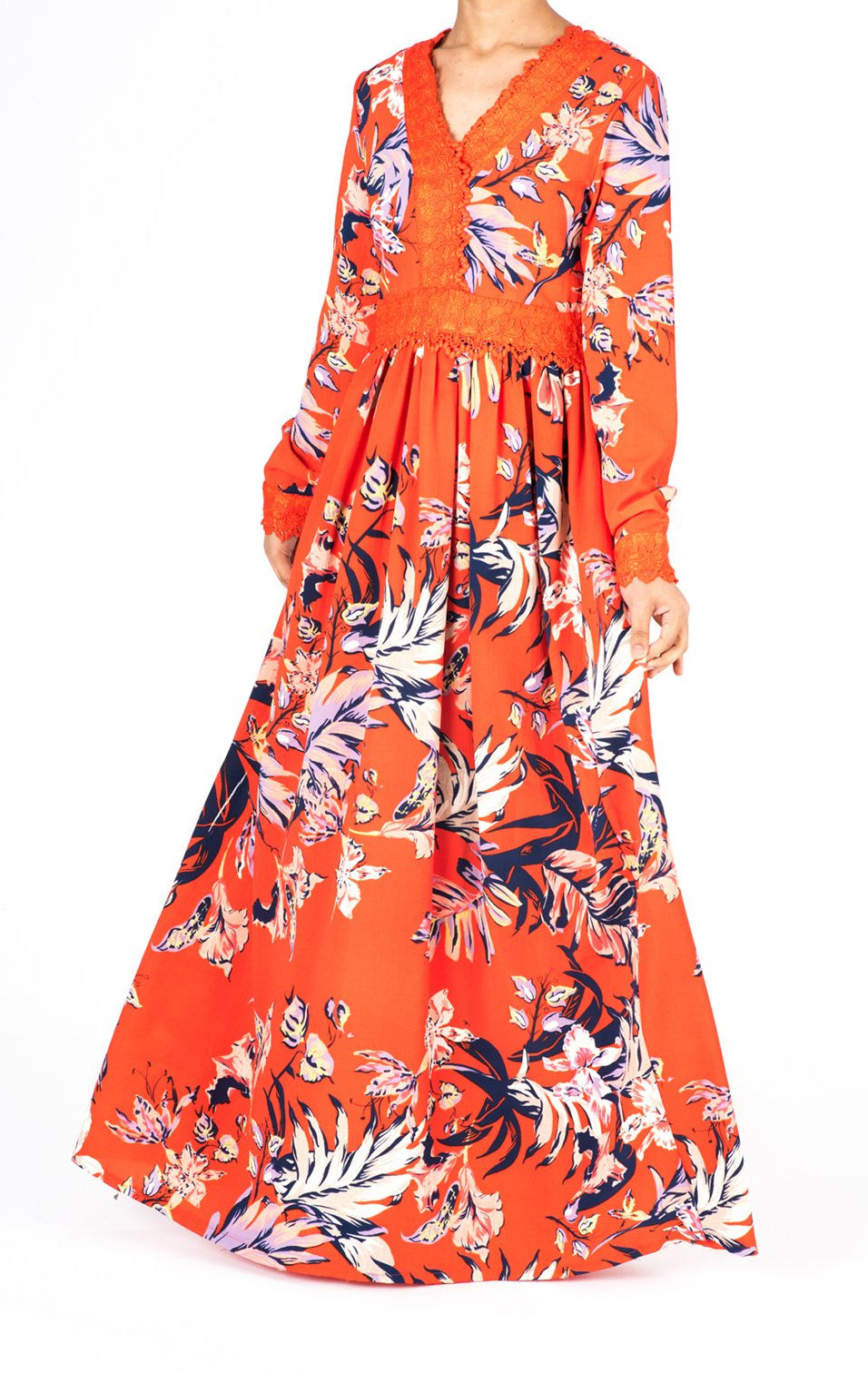 Orange Floral Print Lace-Up Maxi Dress Kabayare