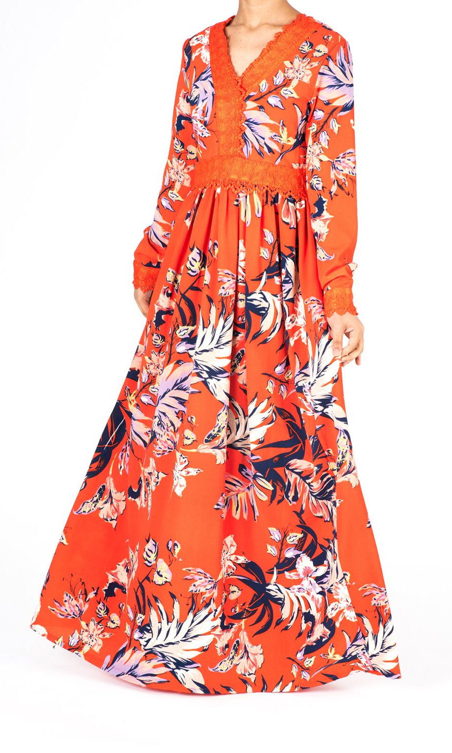 Orange Floral Print Lace-Up Maxi Dress Kabayare