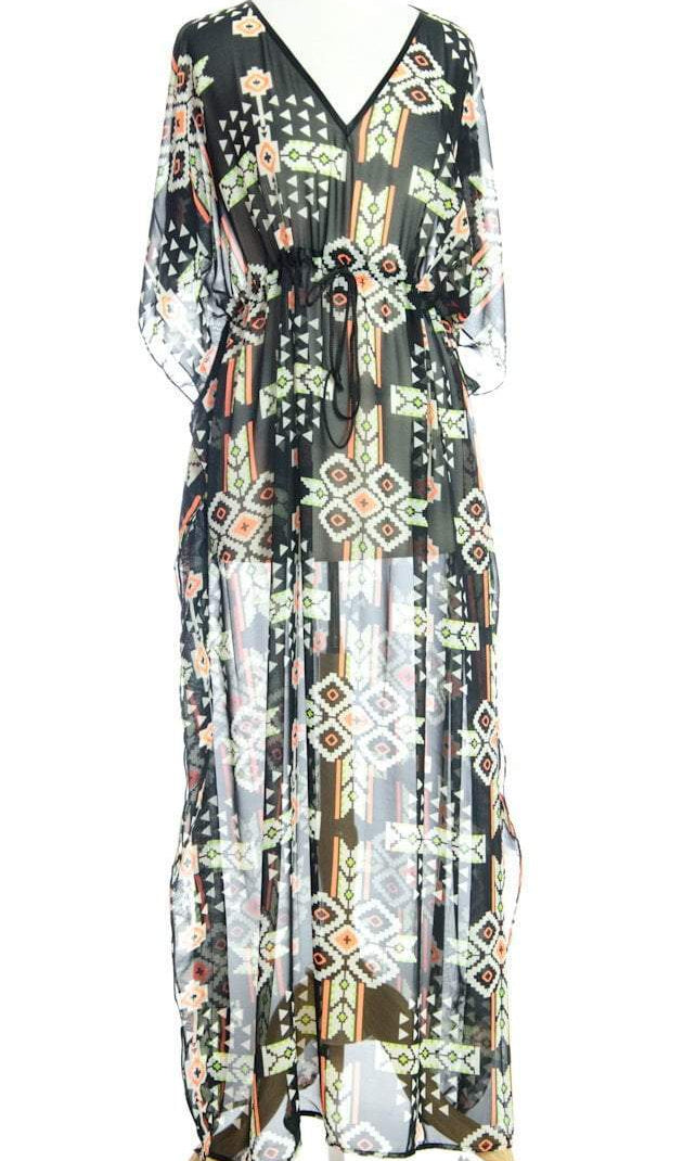 Orange Tribal Maze Kimono Maxi Dress Kabayare