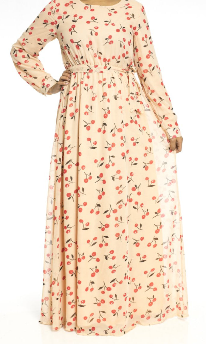 Peach Cherries Print Dress Kabayare