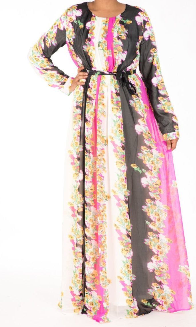 Pink vertical floras chiffon dress Kabayare