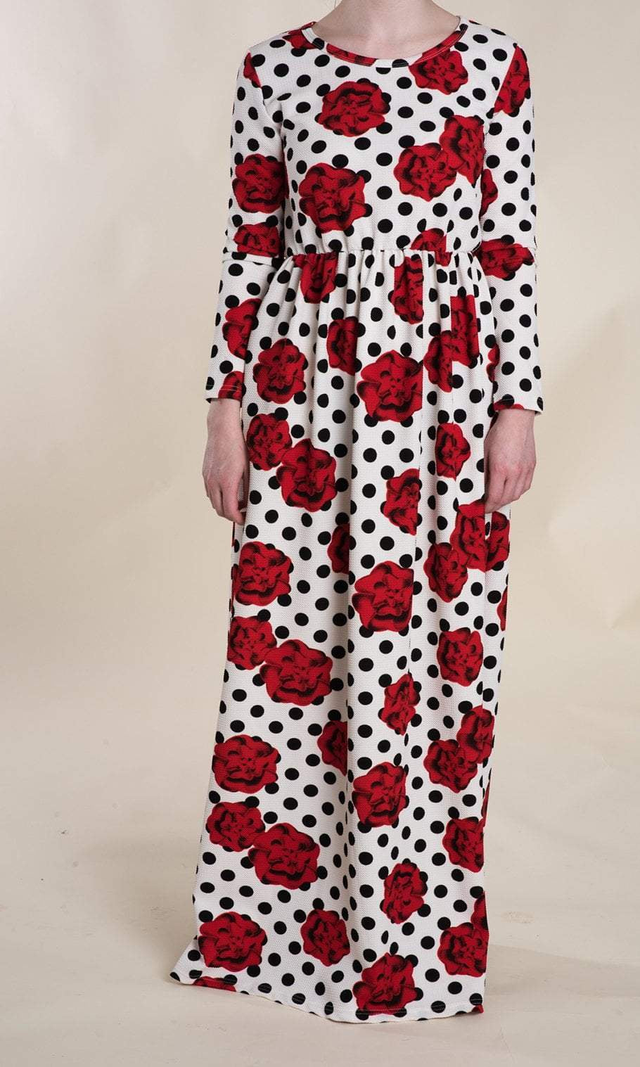 Polka Dot and Roses Textured Print Dress Kabayare
