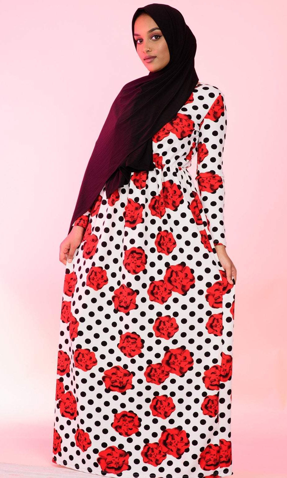 Polka Dot and Roses Textured Print Dress Kabayare