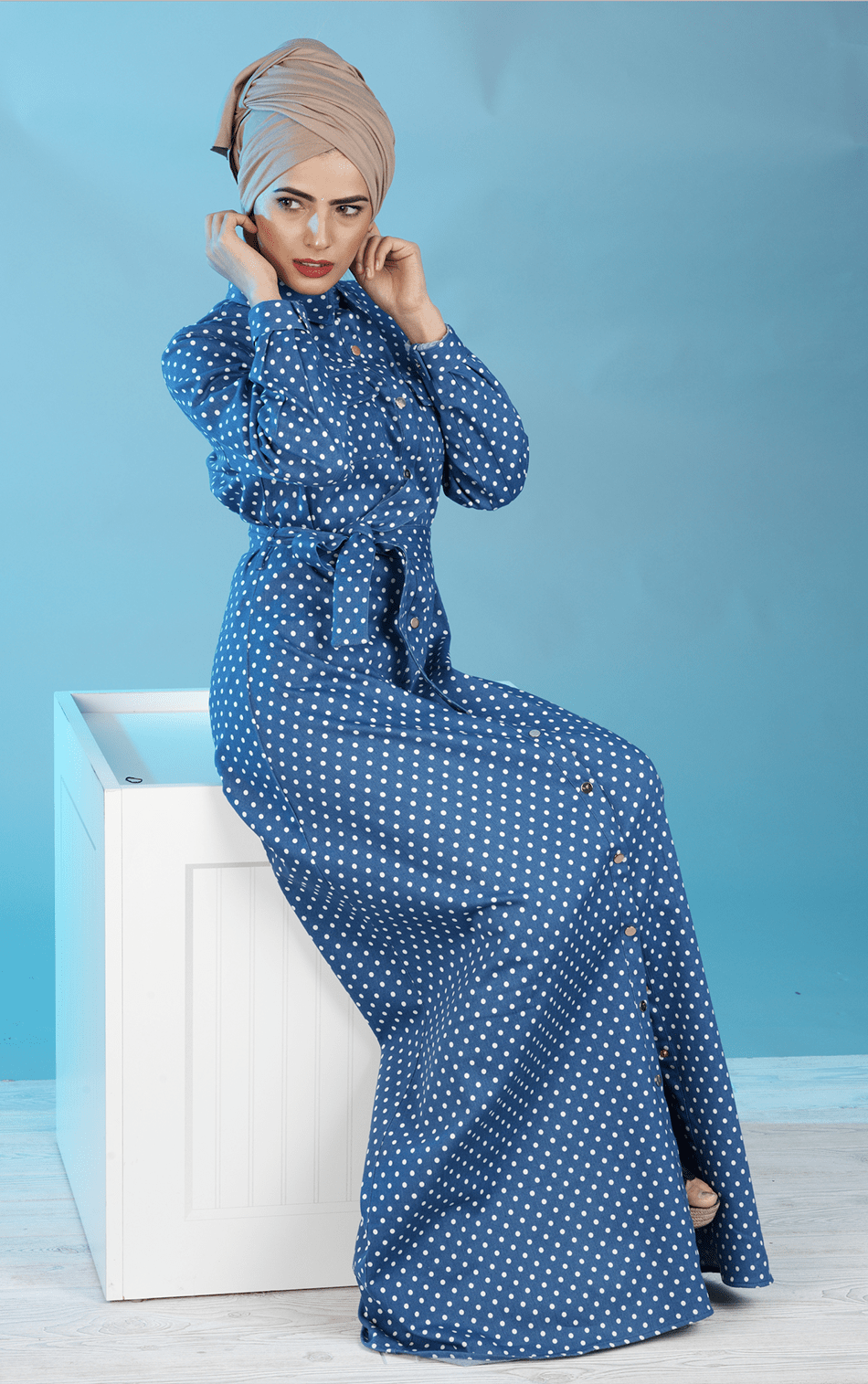 Polka Dot Denim Button Maxi Dress Kabayare