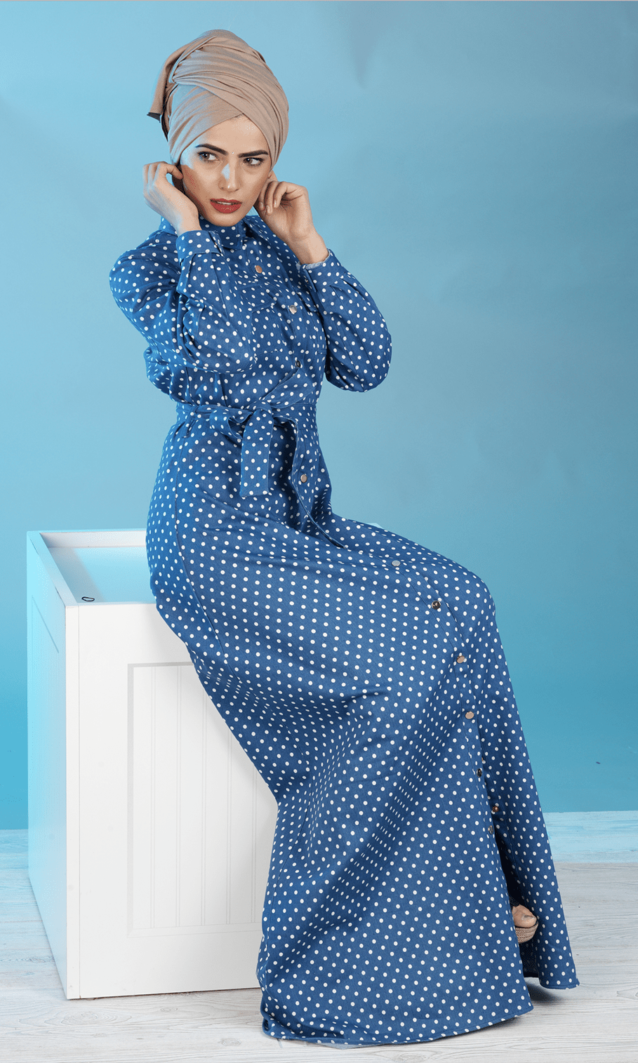 Polka Dot Denim Button Maxi Dress Kabayare