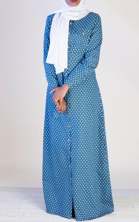 Polka Dot Denim Button Maxi Dress Kabayare