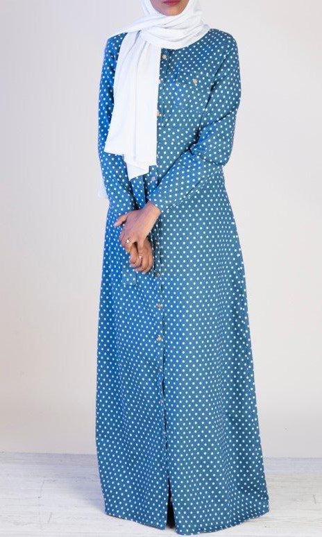 Polka Dot Denim Button Maxi Dress Kabayare