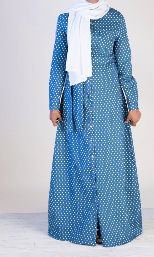 Polka Dot Denim Button Maxi Dress Kabayare