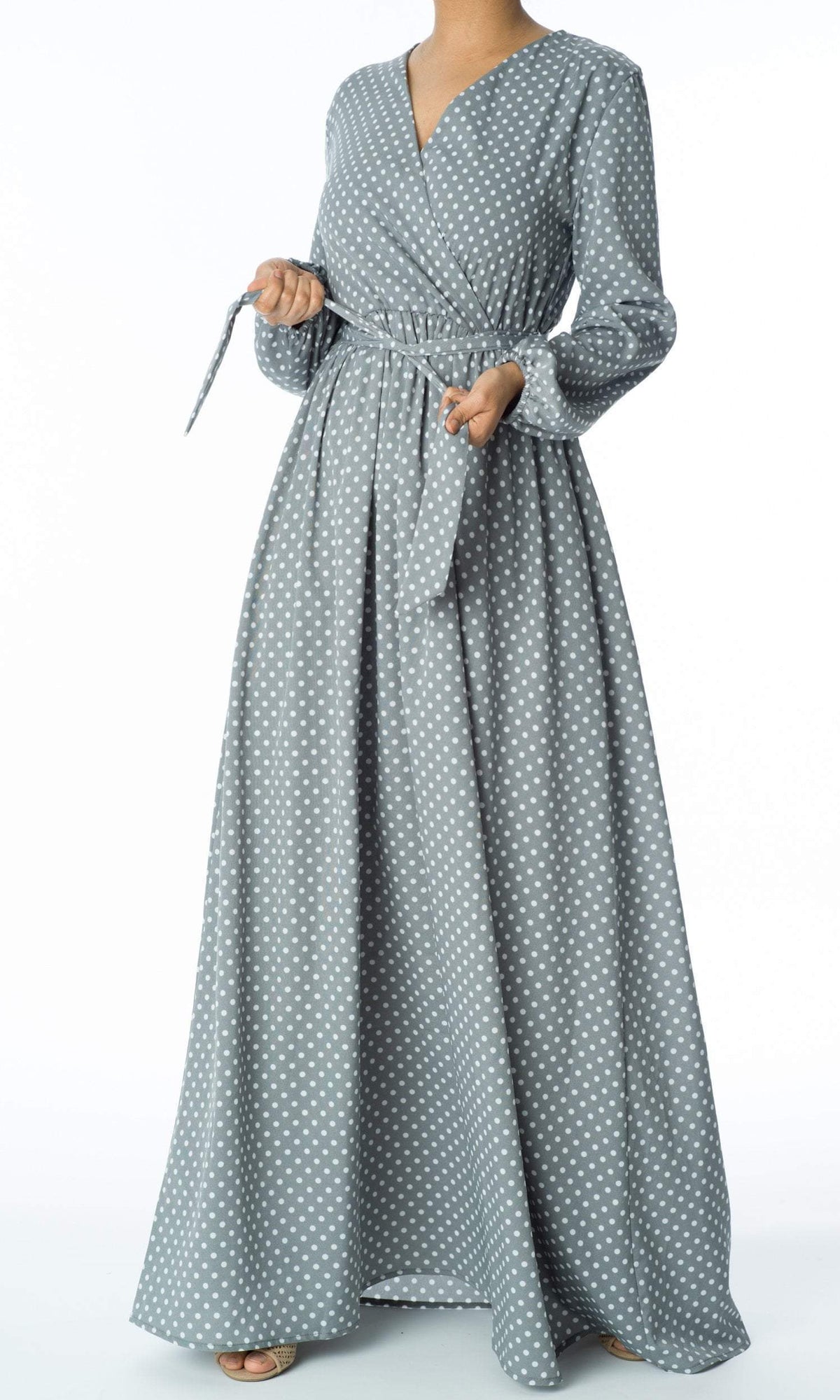 Polka Dots v-neck long sleeve maxi dress Kabayare