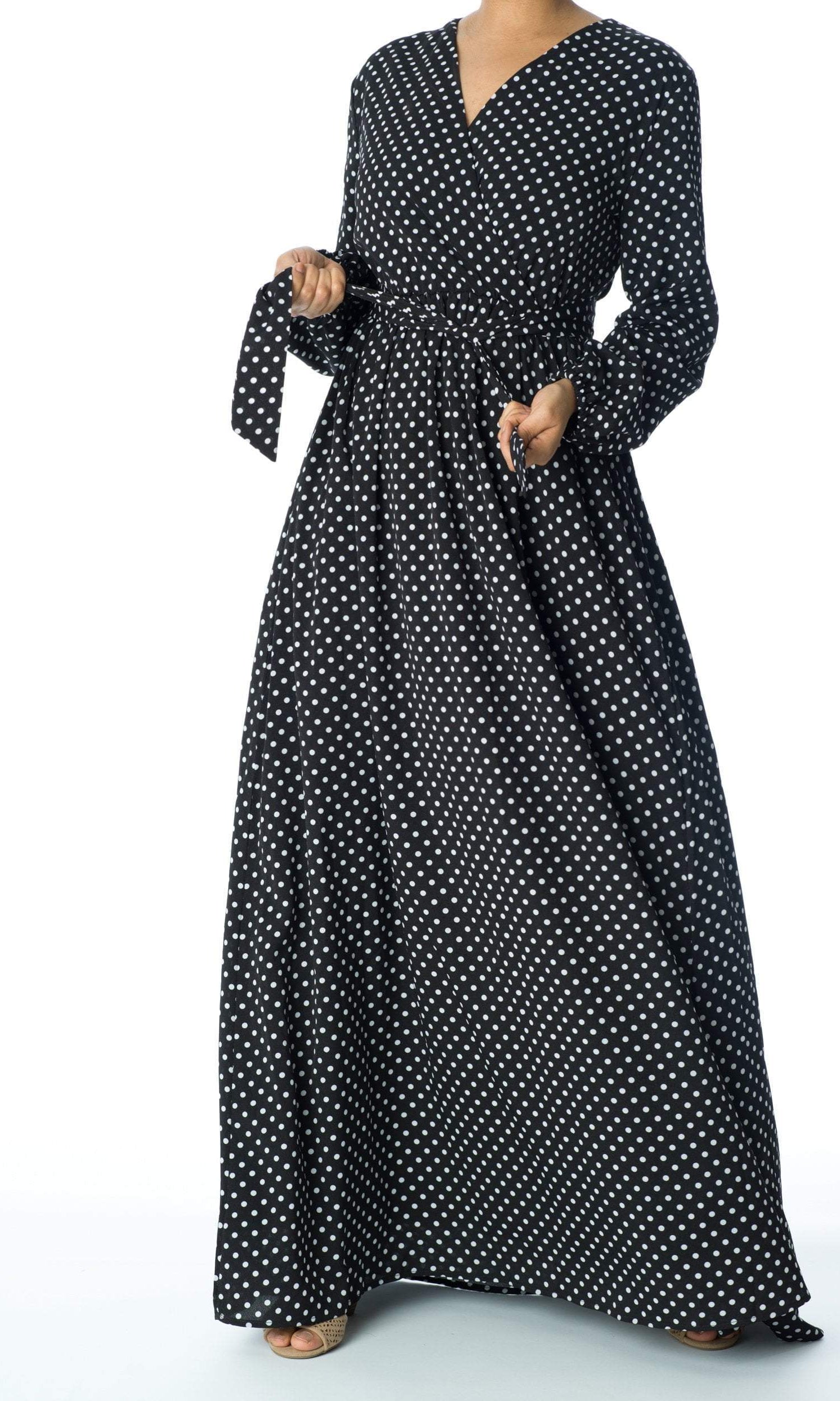 Polka Dots v-neck long sleeve maxi dress Kabayare