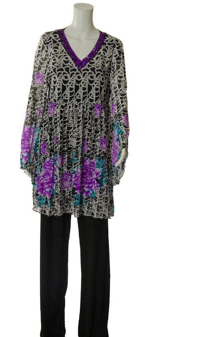Purple Floral Lacey Tunic Set Kabayare