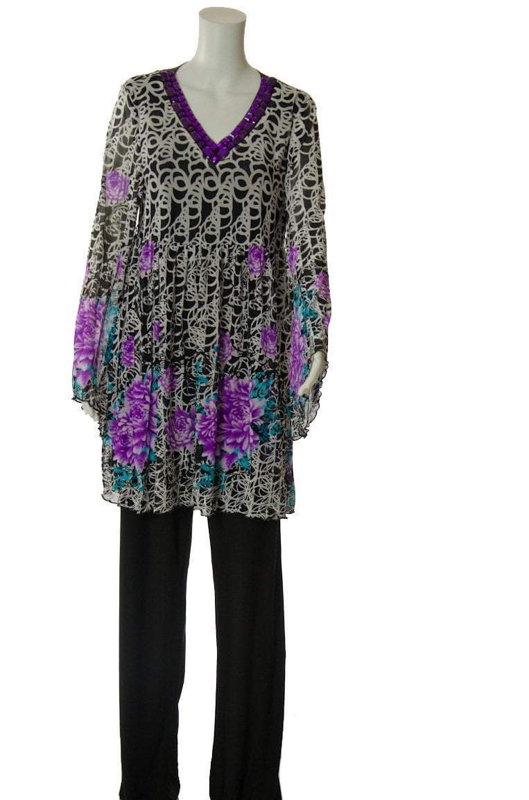 Purple Floral Lacey Tunic Set Kabayare