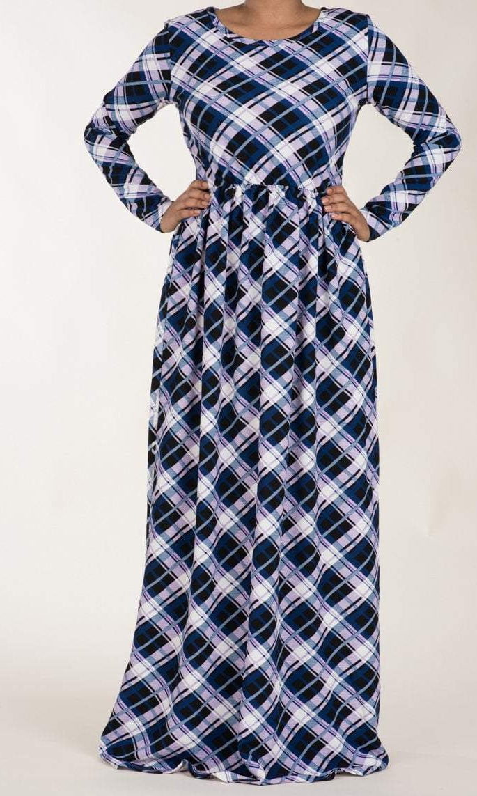 Purple Plaid Textured Print Dress Kabayare