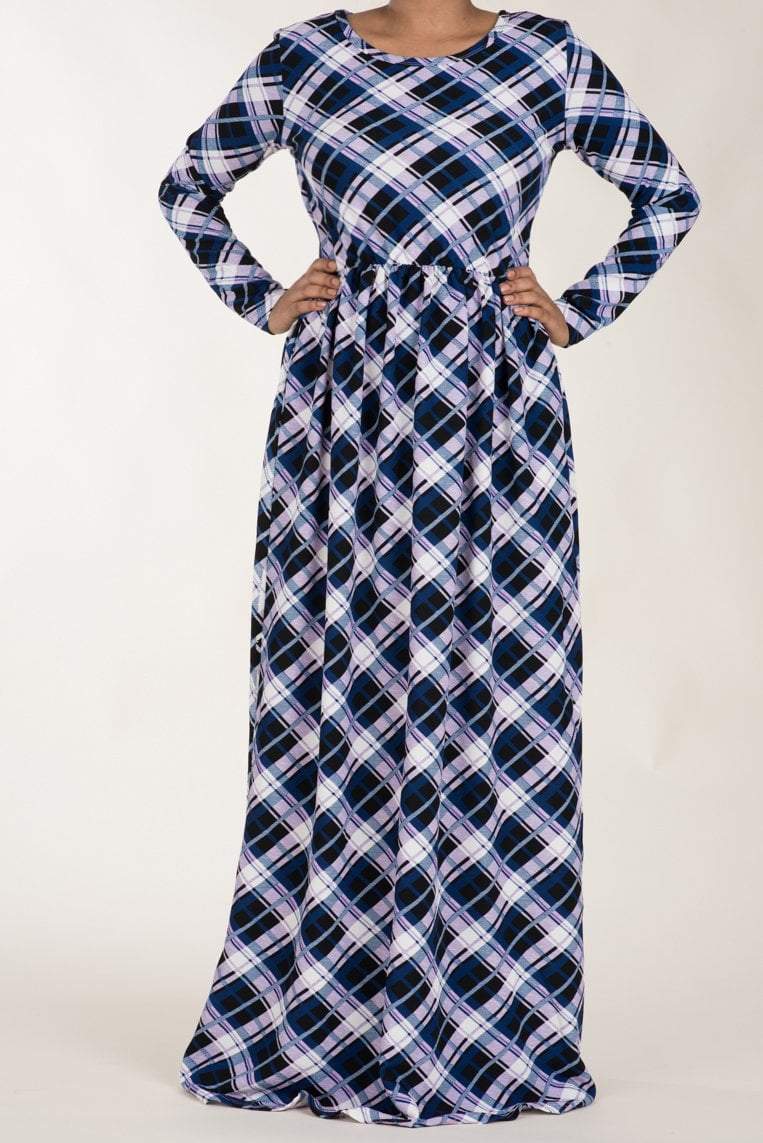 Purple Plaid Textured Print Dress Kabayare