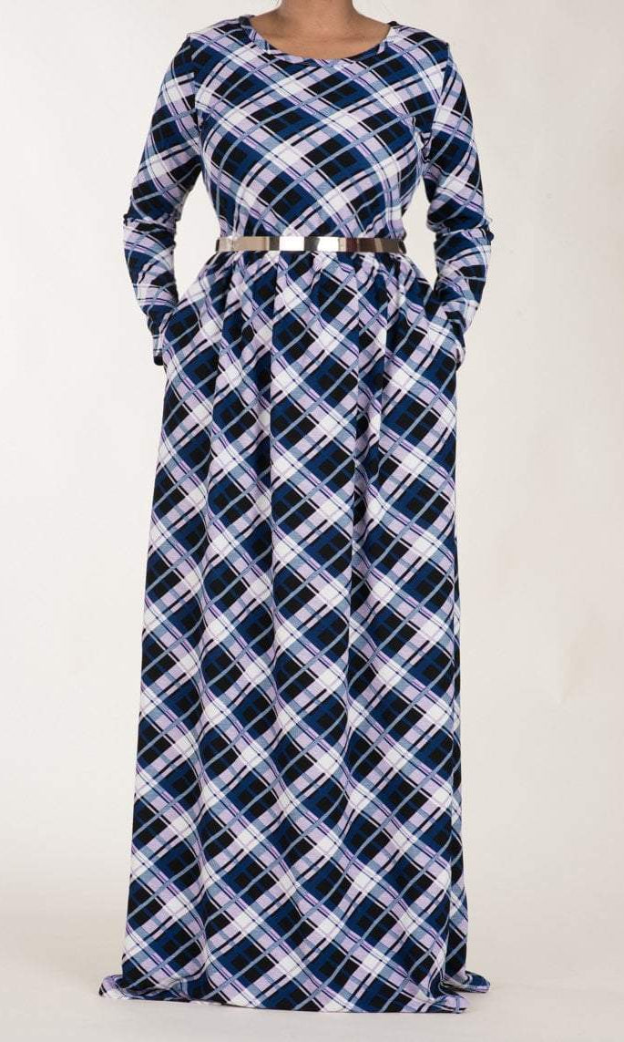 Purple Plaid Textured Print Dress Kabayare