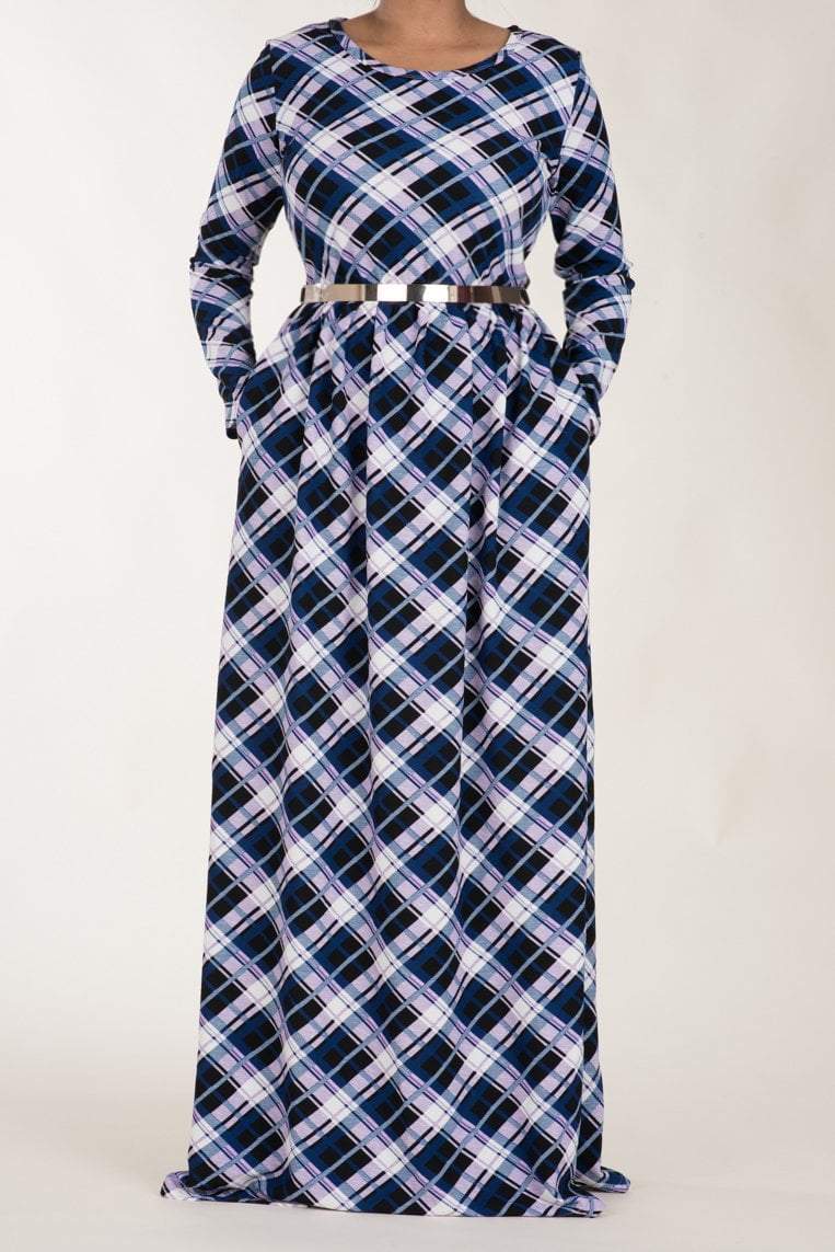 Purple Plaid Textured Print Dress Kabayare