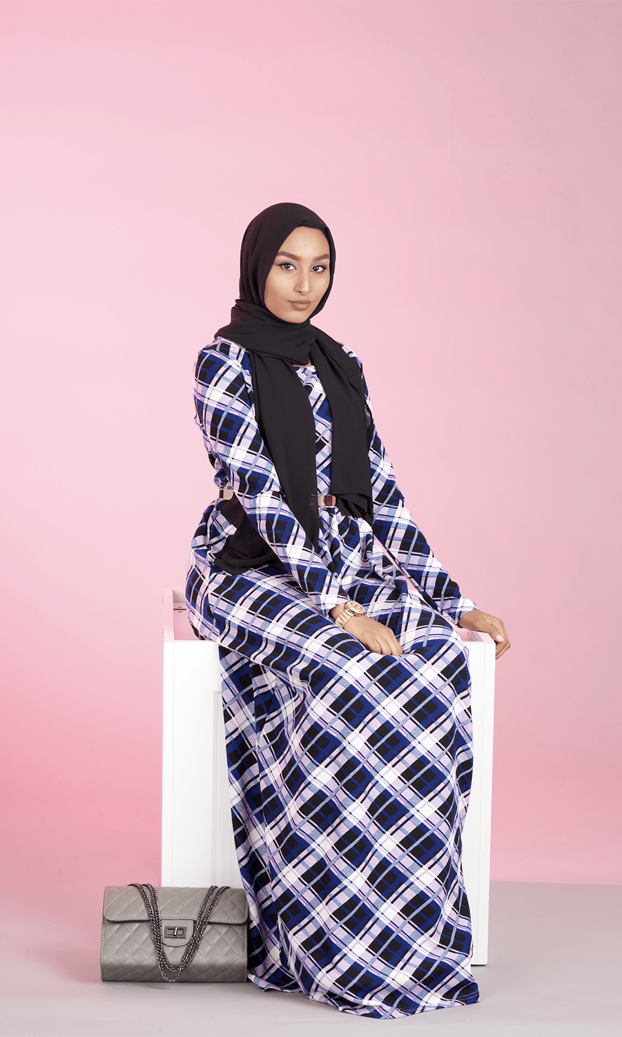 Purple Plaid Textured Print Dress Kabayare