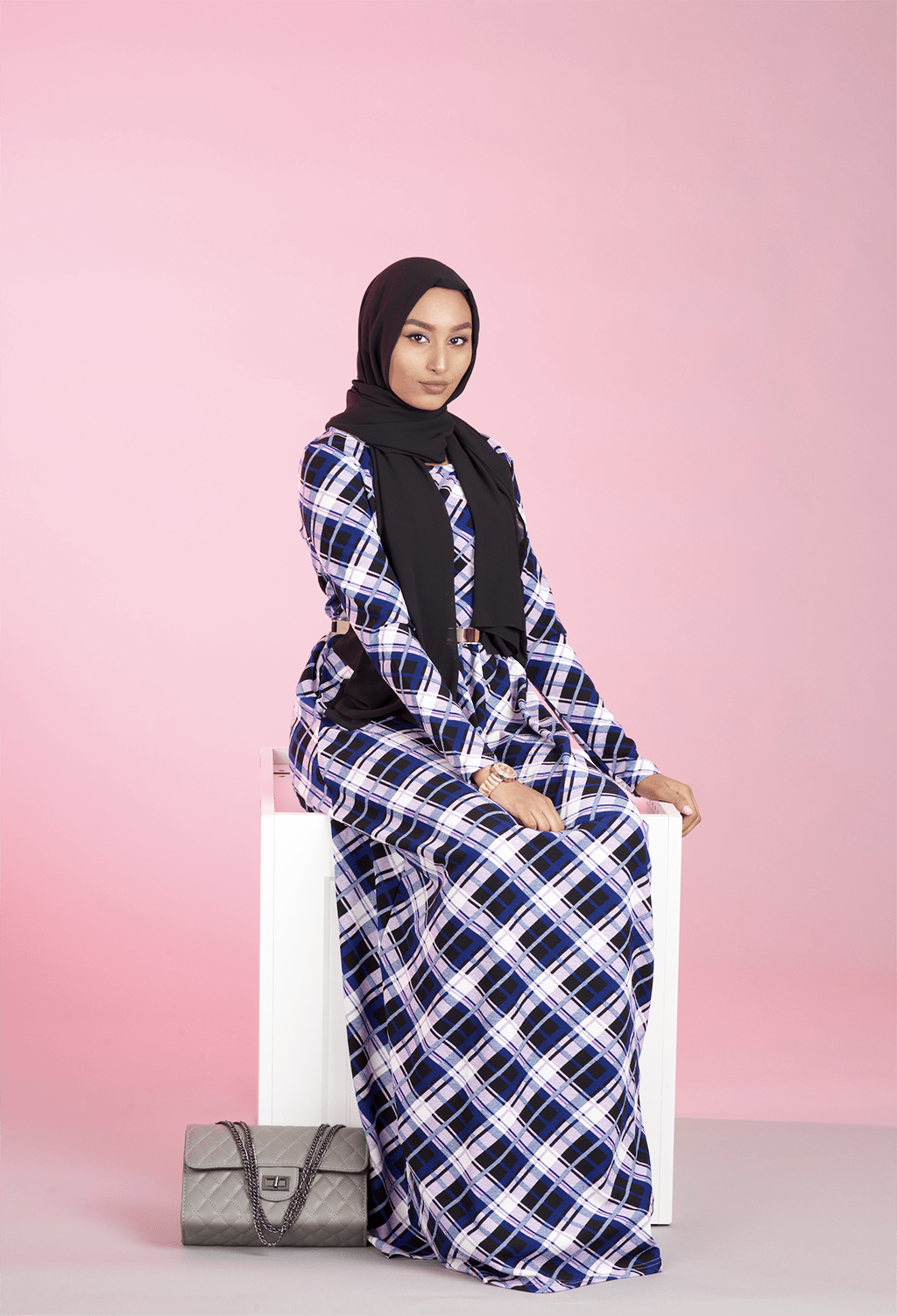 Purple Plaid Textured Print Dress Kabayare