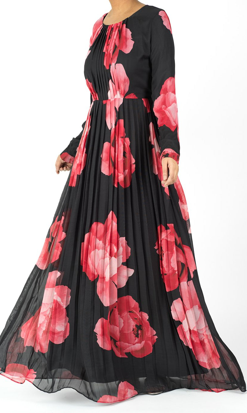 Red Anisa Pleated Floral Maxi dress Kabayare