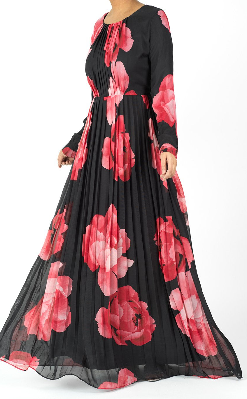 Red Anisa Pleated Floral Maxi dress Kabayare