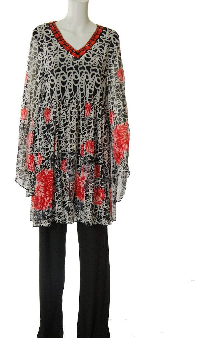 Red Floral Lacey Tunic Set Kabayare