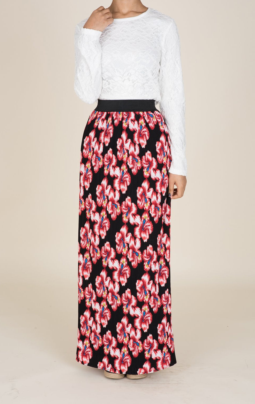 Red Floral Pencil Pleated Skirt Kabayare